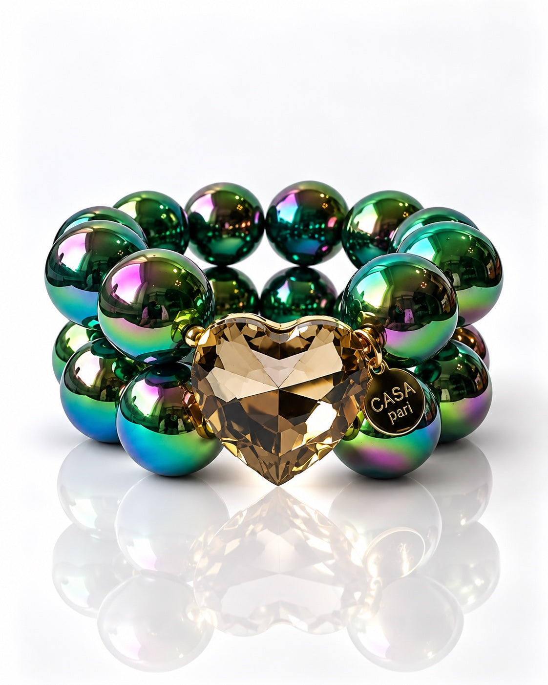 Crystal Heart Cosmic Pearl Green Armband mit irisierenden grünen 20-mm-Perlen und facettiertem Herz