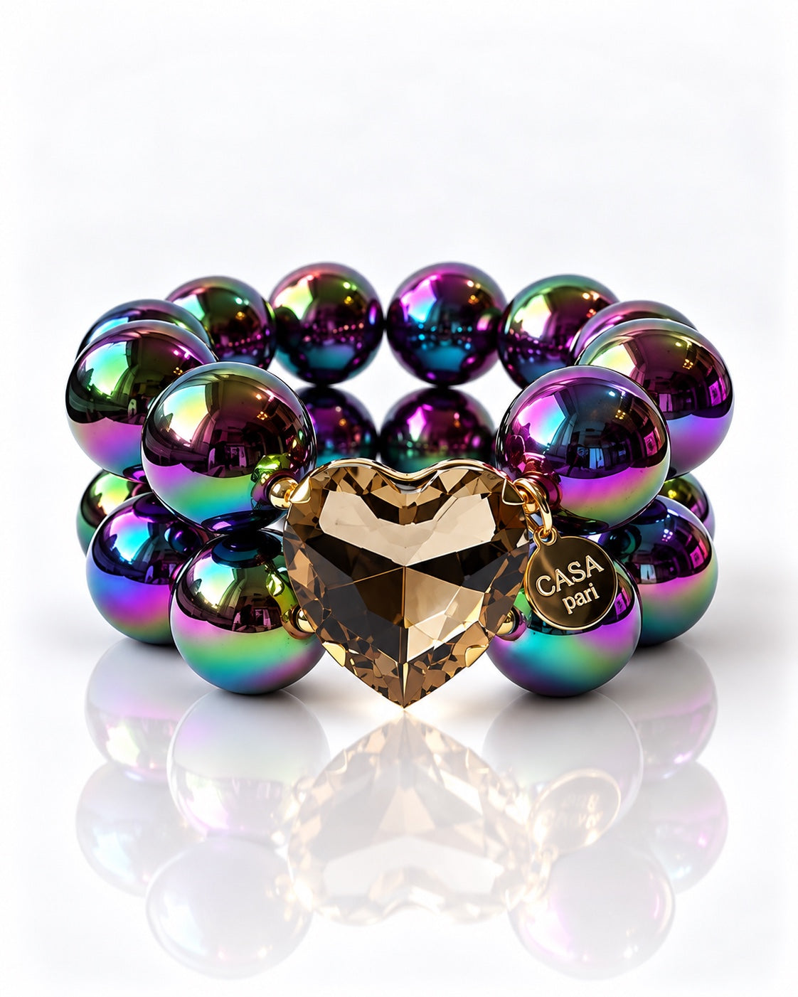 Crystal Heart Cosmic Pearl Rainbow Armband mit irisierenden multicolor 20-mm-Perlen und facettiertem Herz