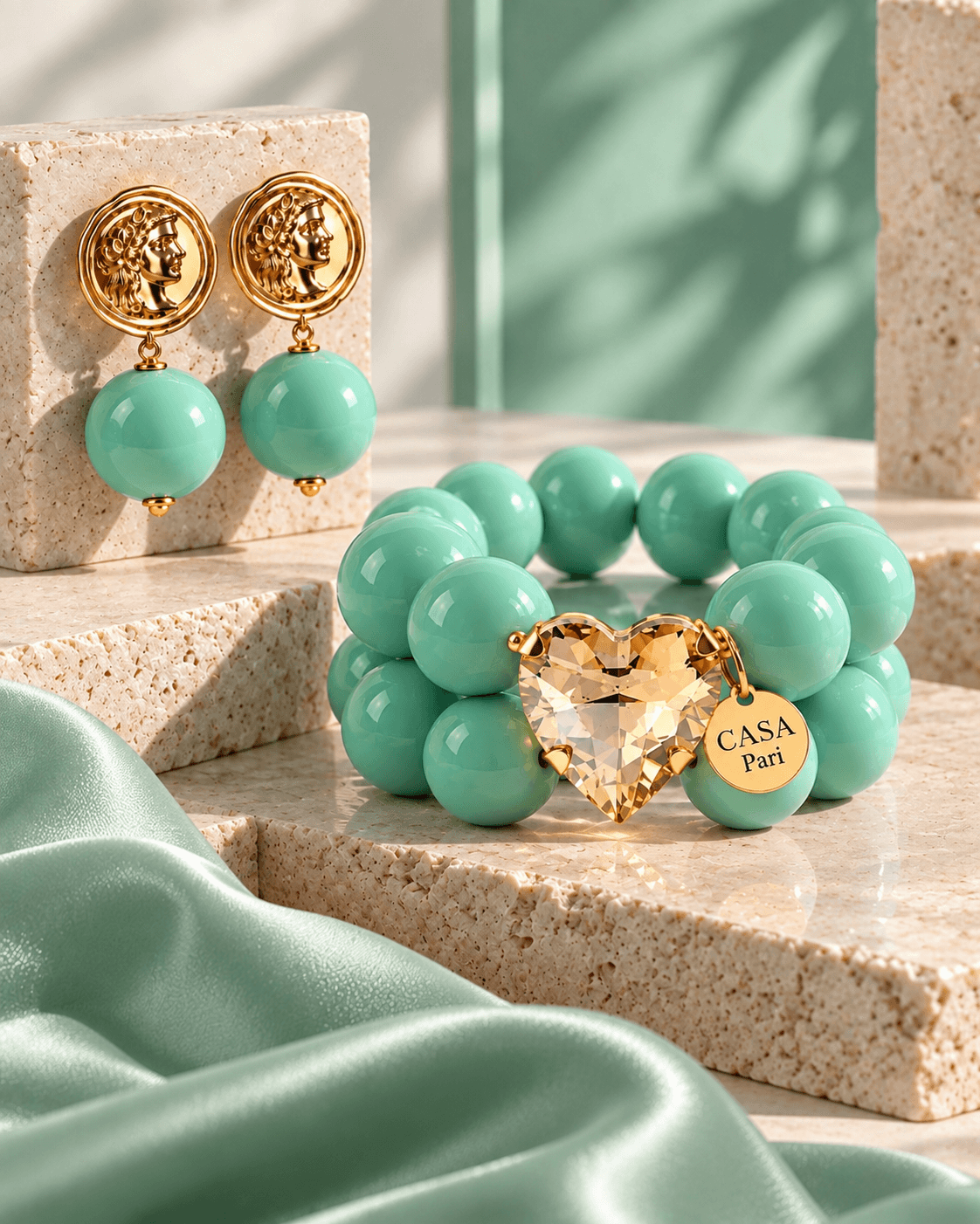 Crystal Heart Set mit mintfarbenem Resinperlen-Armband, champagnerfarbenem Herz und passenden Roma Affair Ohrringen