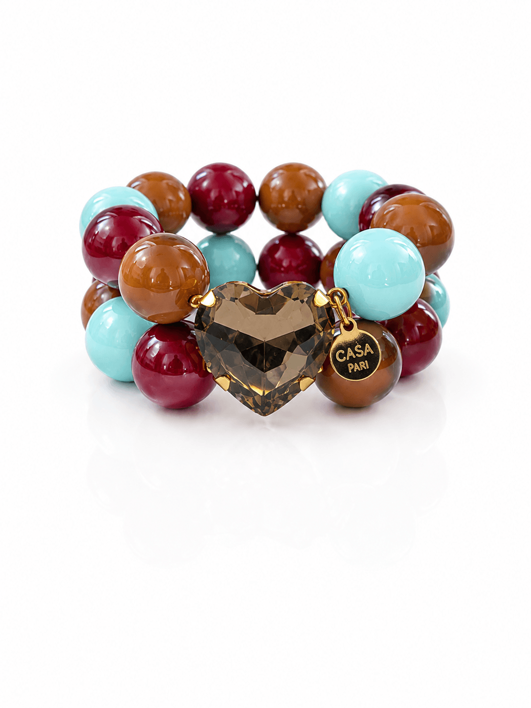 Crystal Hearts Armband Riviera Cognac mit glänzenden Perlen in Türkis, Cognac und Bordeaux, großem rauchfarbenem Kristallherz und CASAPARI Anhänger