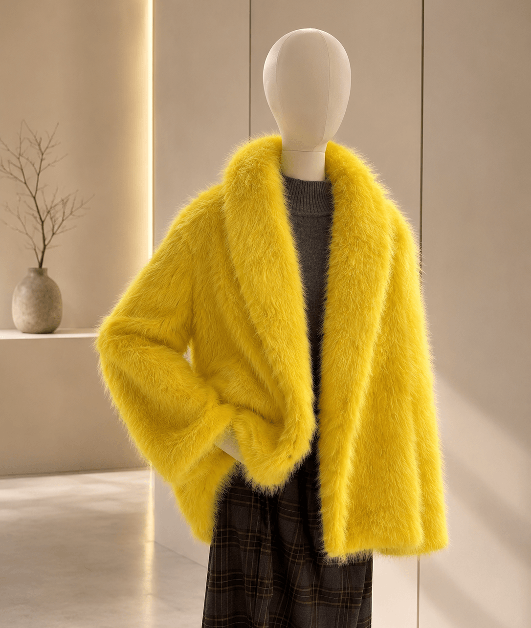 Gelbe Oversize Fake-Fur-Jacke in Lemon mit fluffigem Kunstfell und Seitentaschen.