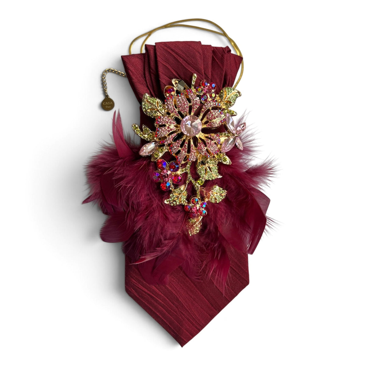 Bordeauxrote Vintage-Statement-Krawatte mit bordeauxroten Federn, goldfarbener Blütenbrosche und Edelstahlkette