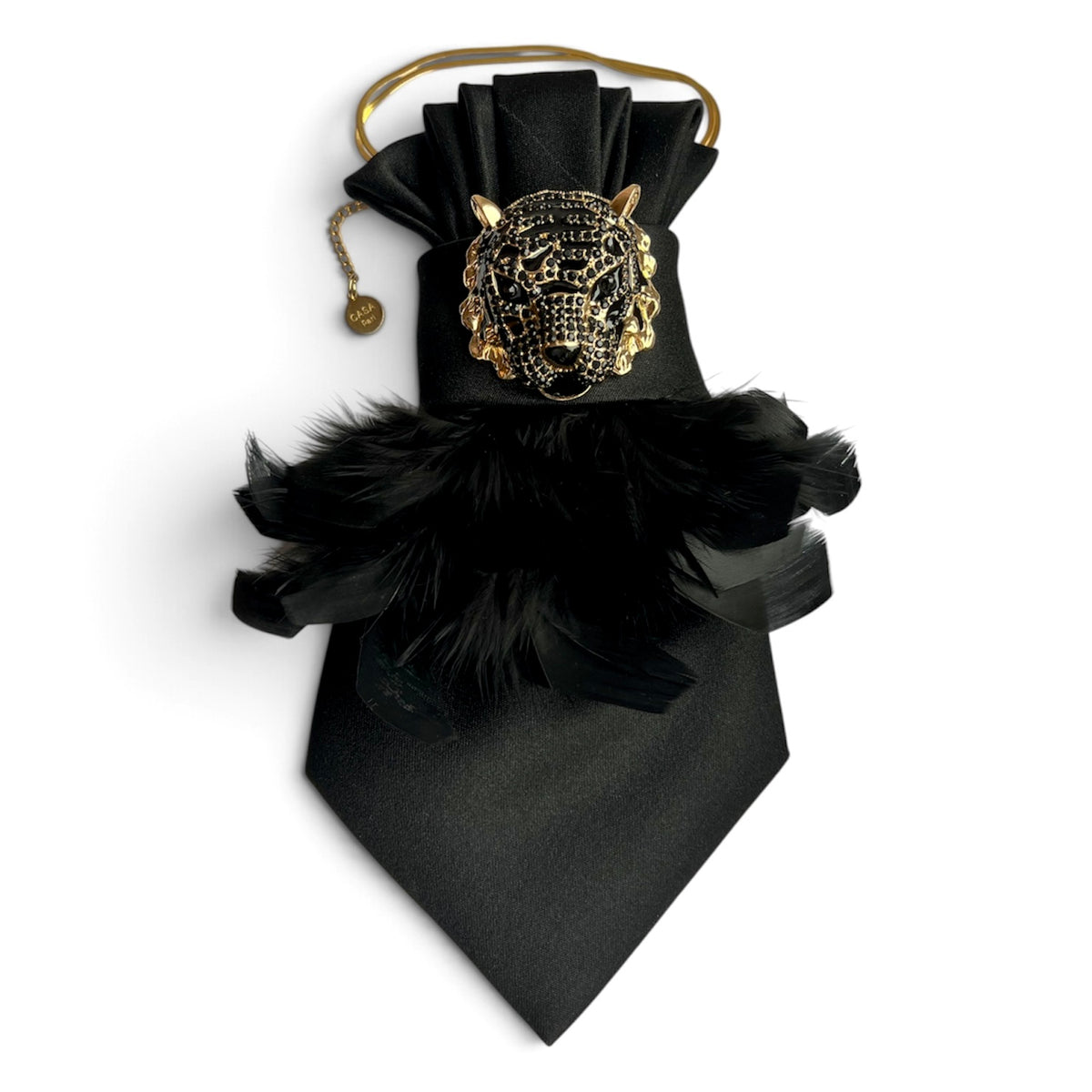 Schwarze Vintage-Krawatte mit Federn und goldfarbener Pantherbrosche