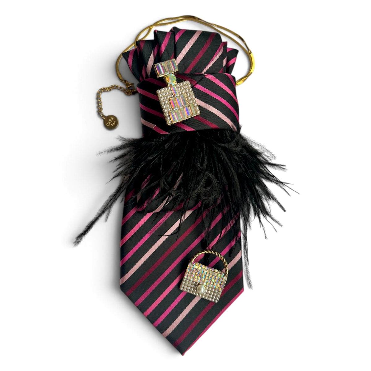 Schwarz-pink gestreifte Vintage-Seidenkrawatte mit schwarzen Federn und zwei Schmuckbroschen