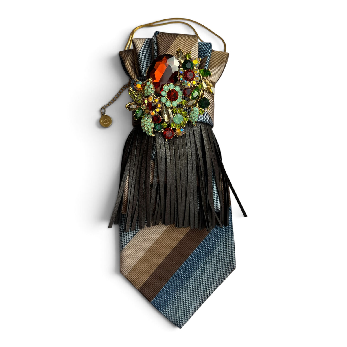 Leather Affair Blue Bronze – blau-bronzefarbene Vintage-Krawatte mit schwarzem Lederfransenbesatz und Kristallbrosche