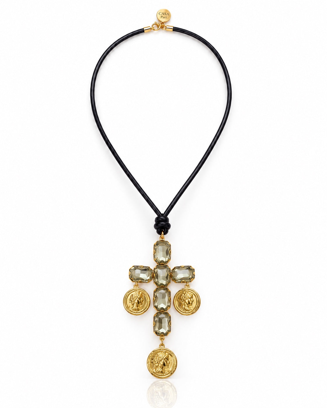 Leather Cross Necklace mit Crystal Cross Kreuzanhänger und Roma Charms von Casa Pari