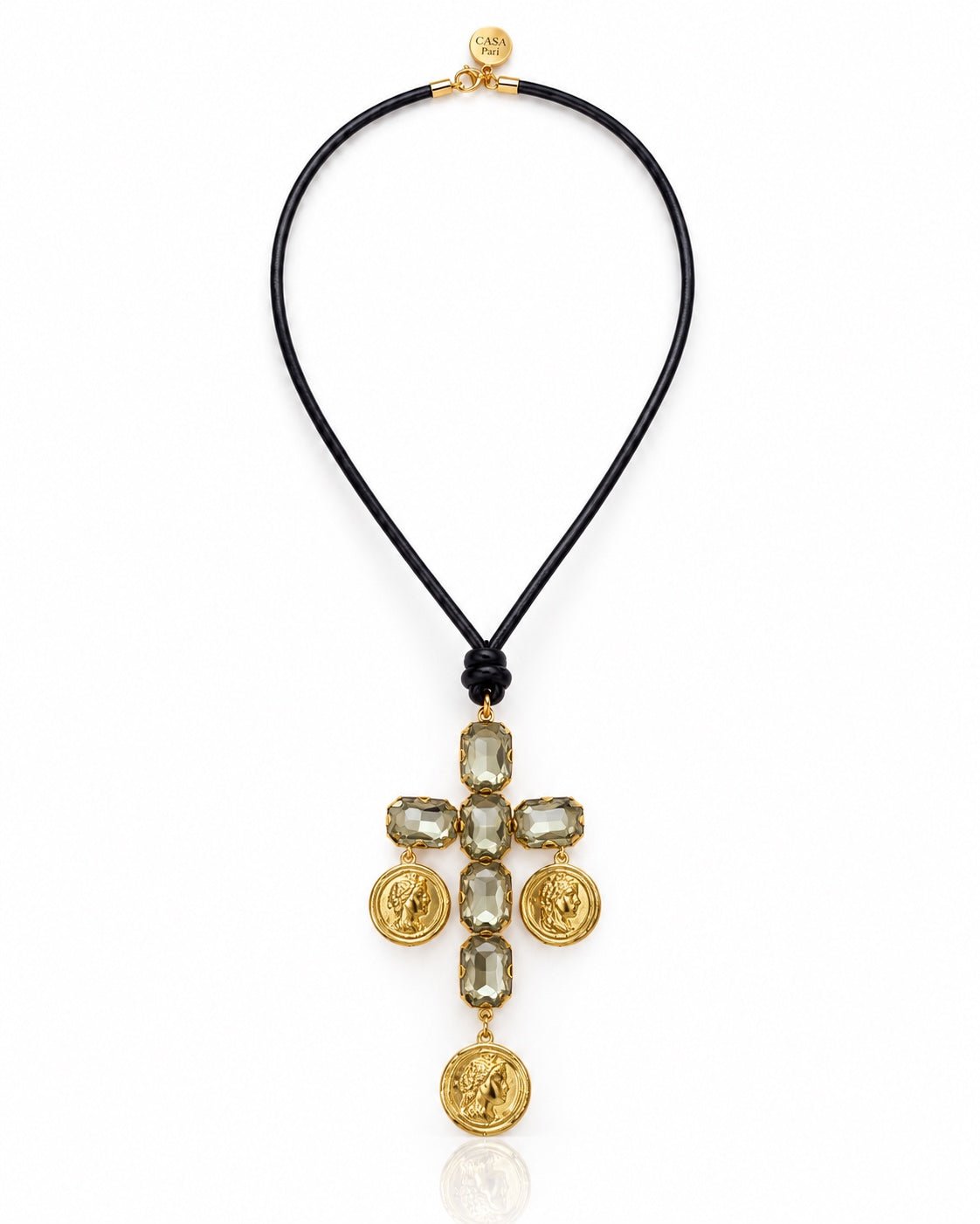 Leather Cross Necklace mit Crystal Cross Kreuzanhänger und Roma Charms von Casa Pari