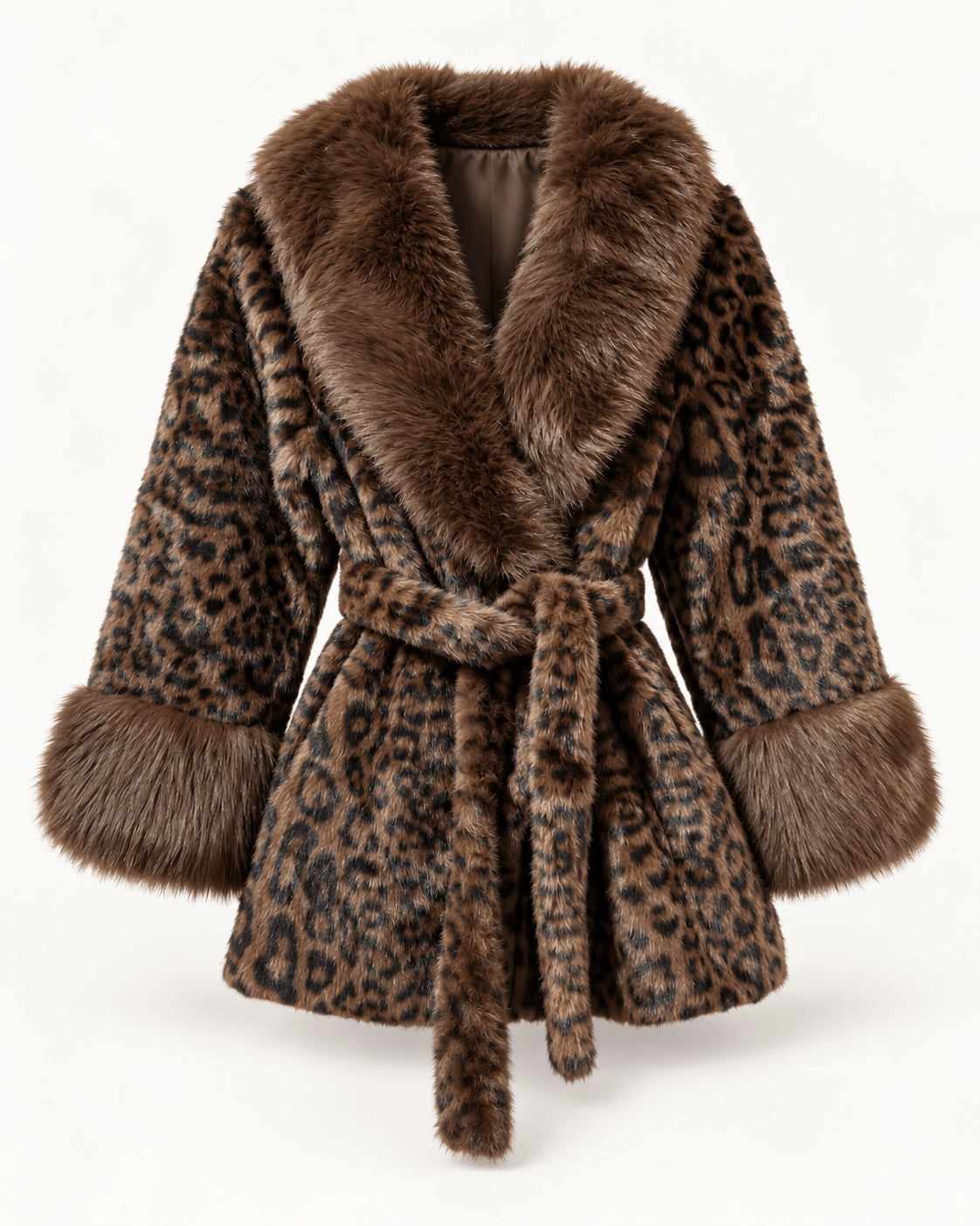 Braune Leo Fake-Fur Jacke mit breitem Fellkragen, Fellbündchen und Bindegürtel, freigestellt auf hellem Hintergrund.