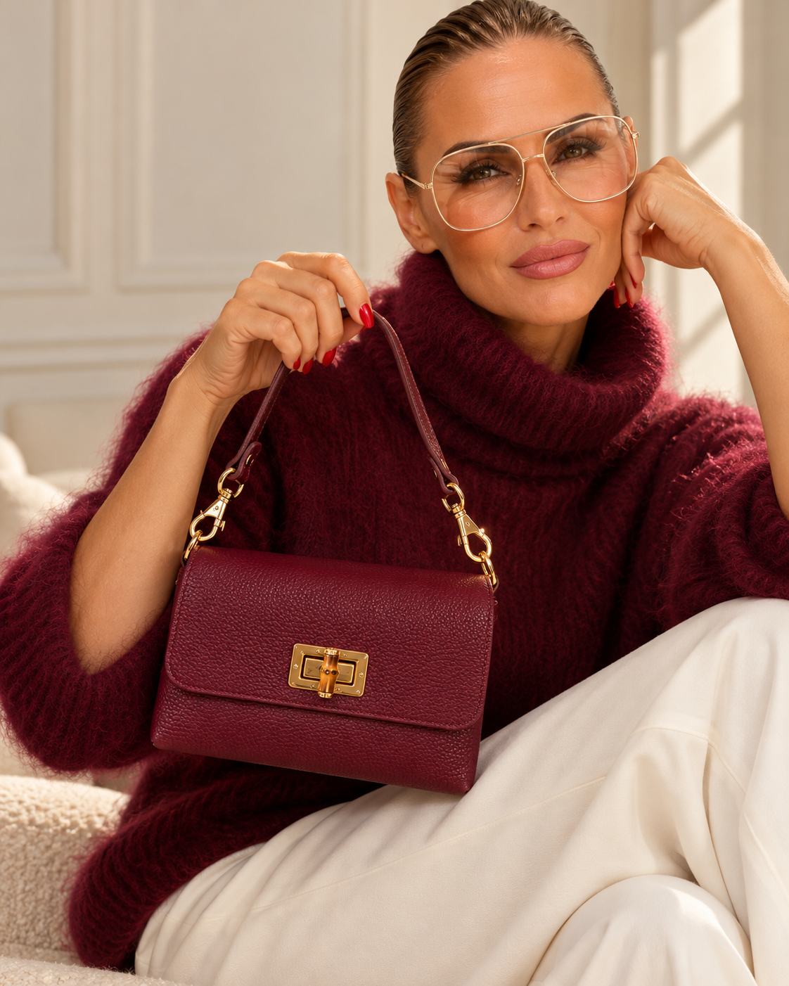 KI-Editorial Burgundy Ledertasche zum burgunderroten Kaschmirpullover
