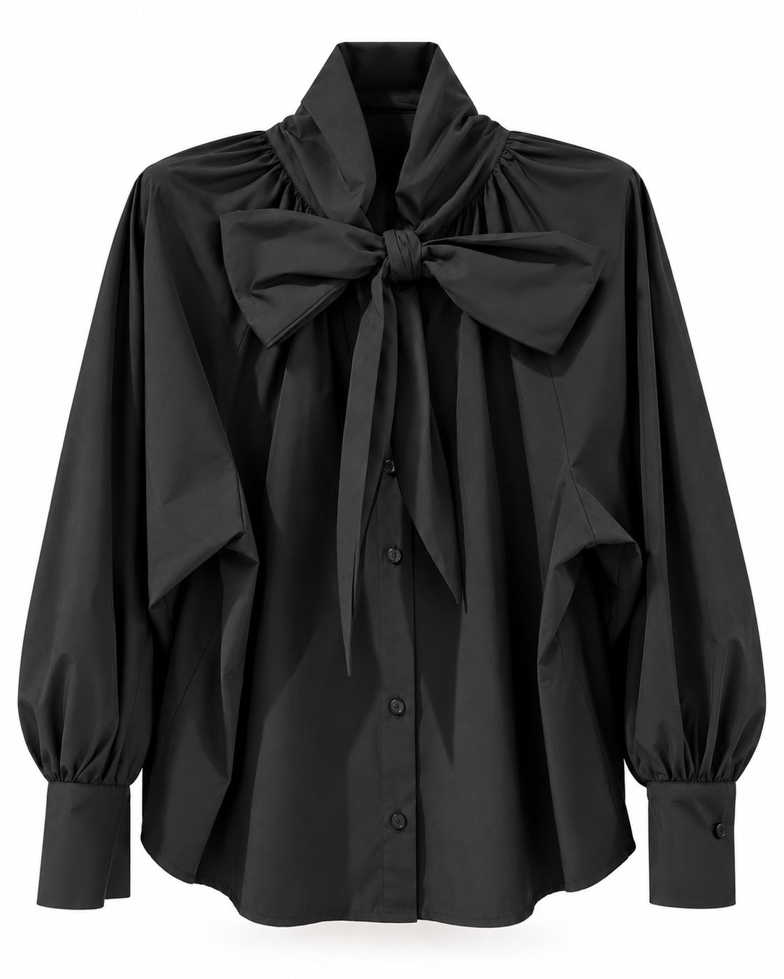 Schwarze MIHO’S Bluse mit großer Schleife und breiten Manschetten