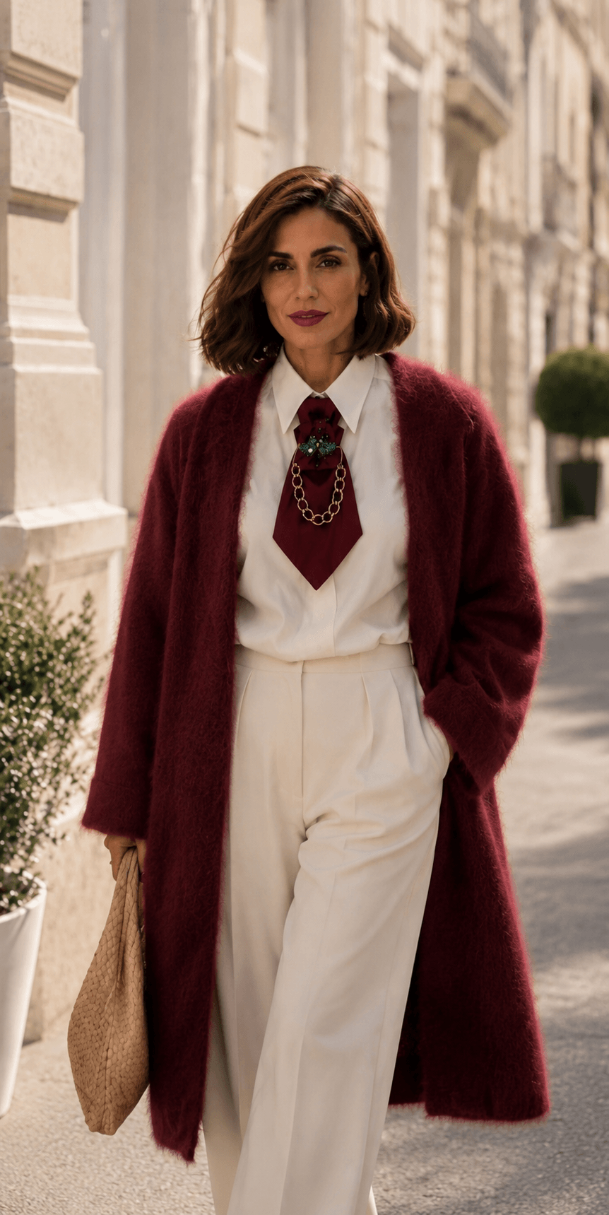Frau trägt einen burgunderfarbenen Milano Kidmohair Cardigan über einer weißen Bluse mit Statement-Krawatte und einer cremefarbenen Marlenehose in einer eleganten Altstadtstraße.