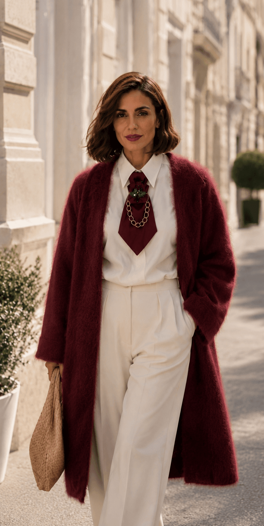 Frau trägt einen burgunderfarbenen Milano Kidmohair Cardigan über einer weißen Bluse mit Statement-Krawatte und einer cremefarbenen Marlenehose in einer eleganten Altstadtstraße.