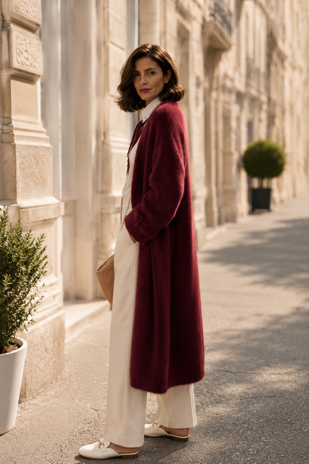 Frau trägt einen burgunderfarbenen Milano Kidmohair Cardigan über einer weißen Bluse und einer cremefarbenen Marlenehose in einer hellen Altstadtstraße.