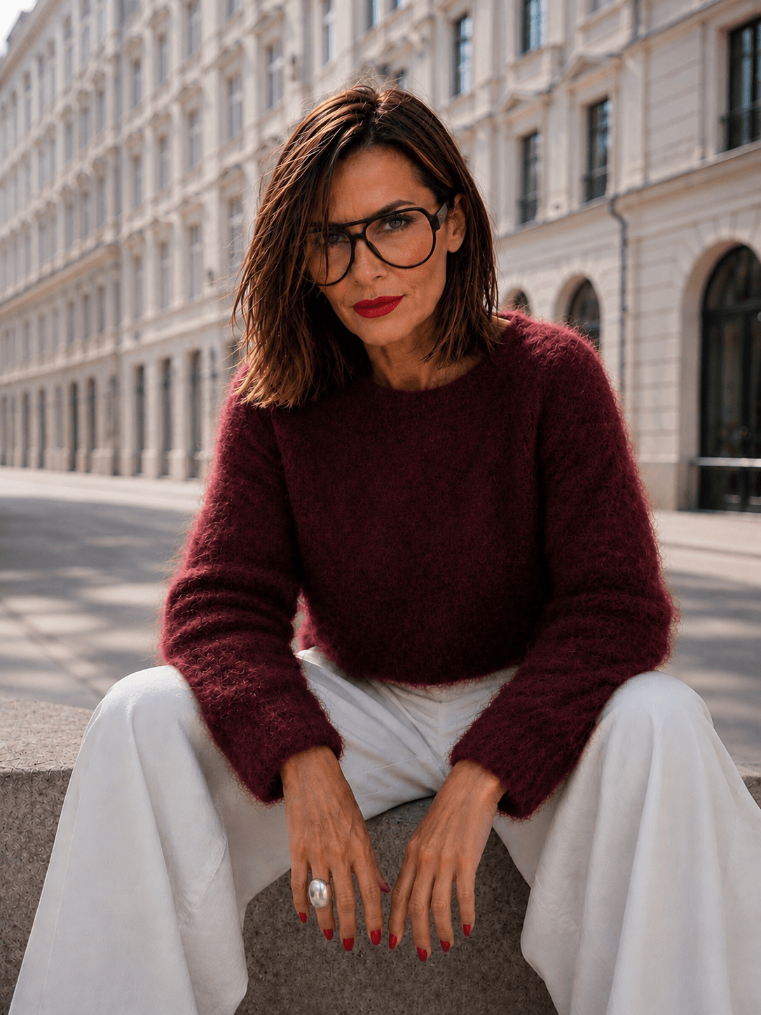 Frau trägt einen flauschigen Milano Kidmohair Pullover in Burgundy kombiniert mit einer weißen Marlenehose und sitzt auf einer Steinbank in einer eleganten Altstadt.