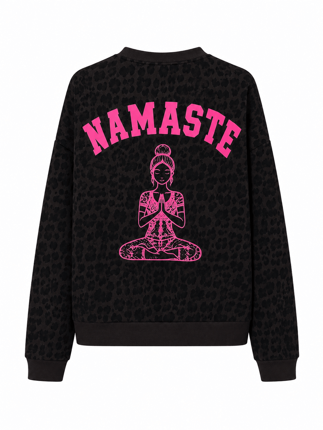 Schokobraunes Leo-Sweatshirt mit großem pinkfarbenem Namaste-Schriftzug und Yoga-Motiv auf der Rückseite.