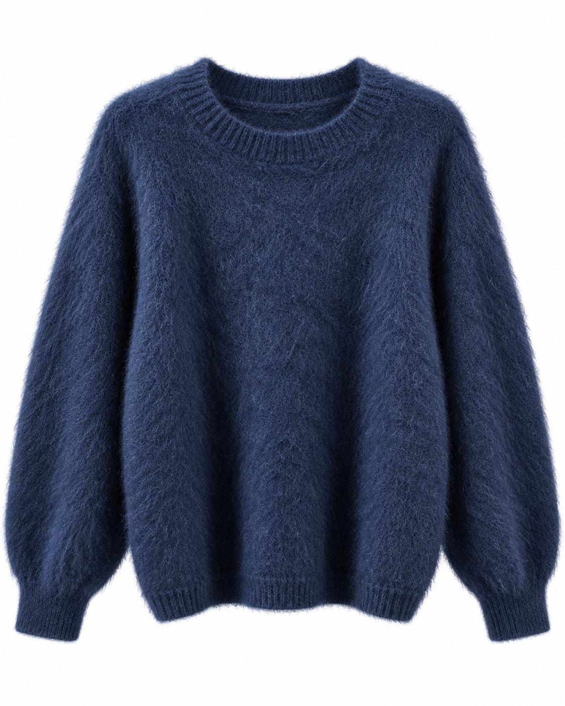 Dunkelblauer Kid-Mohair-Pullover mit Rundhalsausschnitt, Originalfoto