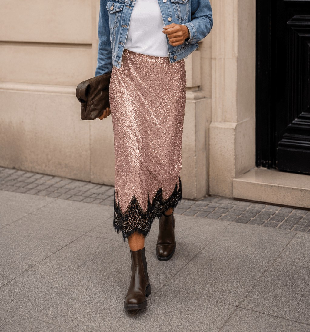 Frau trägt einen roséfarbenen Paillettenrock mit schwarzer Spitze, weißem Shirt, Jeansjacke und braunen Boots.