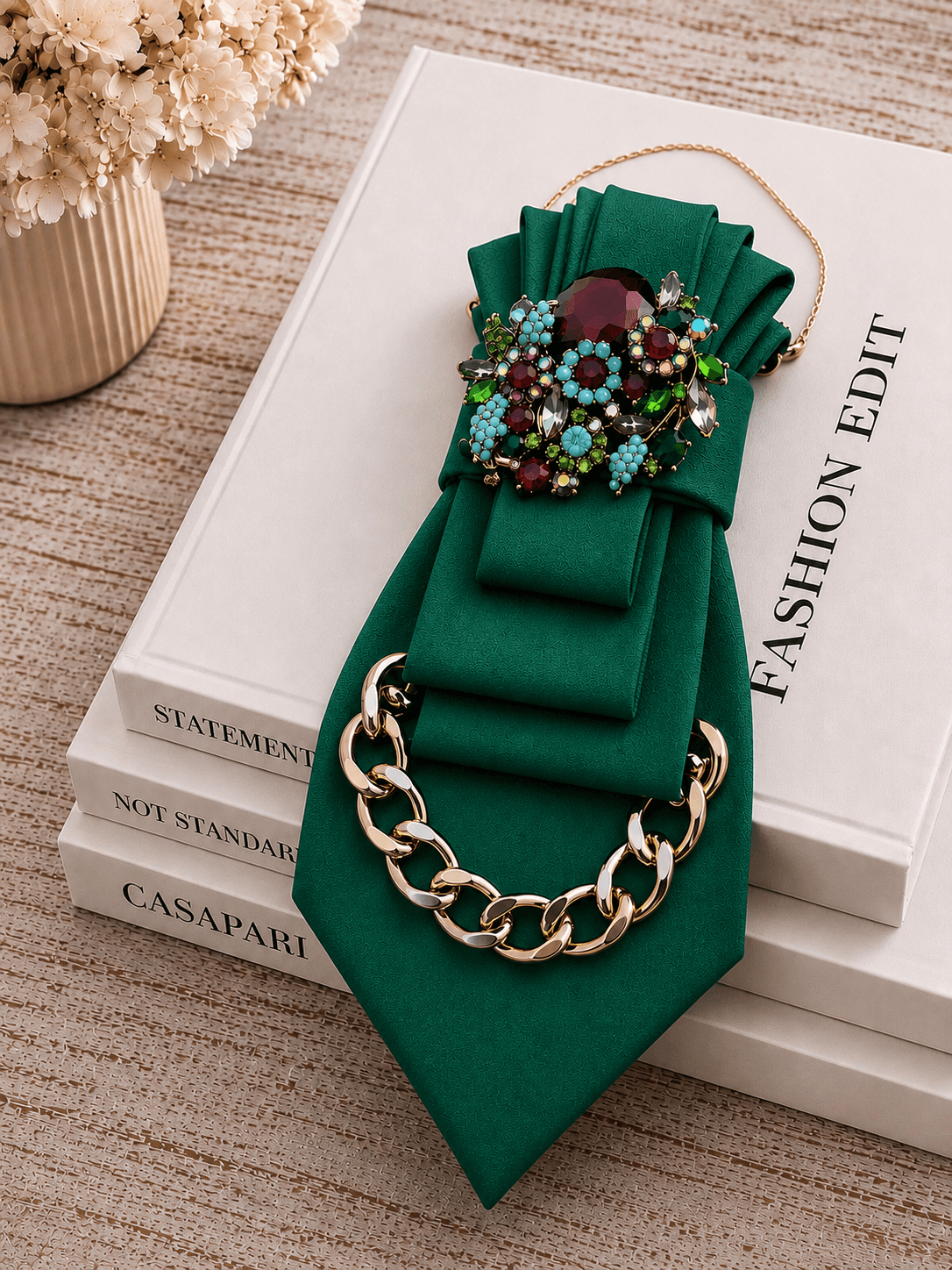 Grüne Statement-Krawatte mit Goldkette und Kristallbrosche dekorativ auf Fashion-Büchern arrangiert.