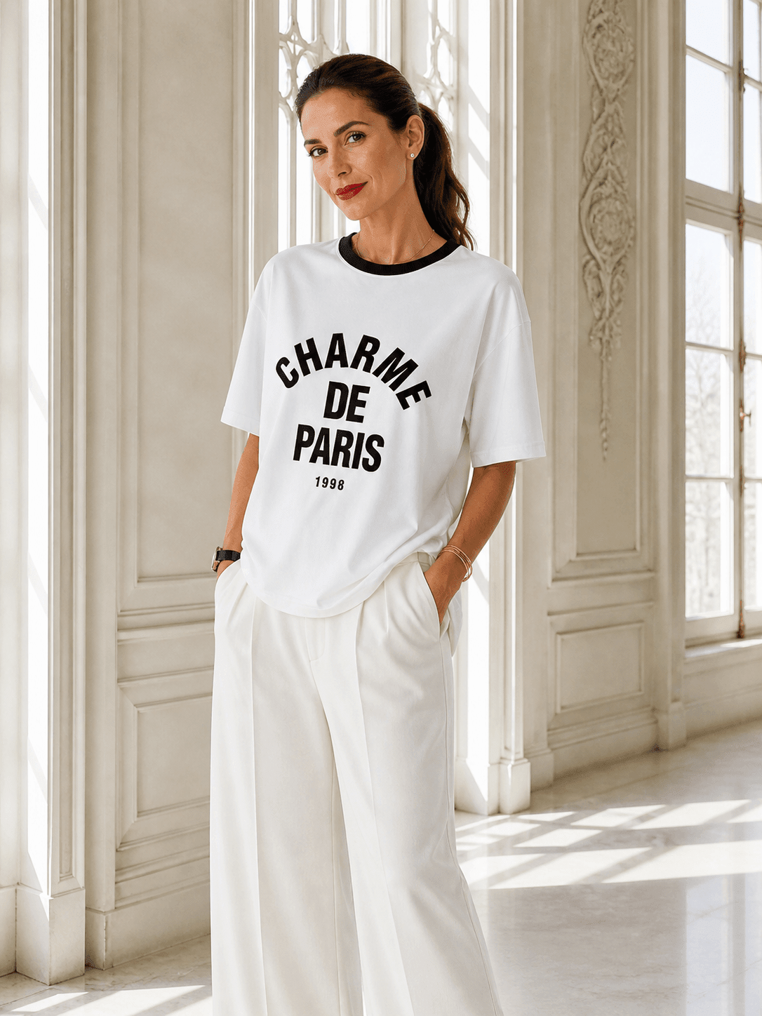 Frau trägt ein locker geschnittenes, weißes Oversized-T-Shirt mit rotem „Charme de Paris“-Print, kombiniert mit weiter, heller Hose, in einem hellen Raum mit großen Fenstern.