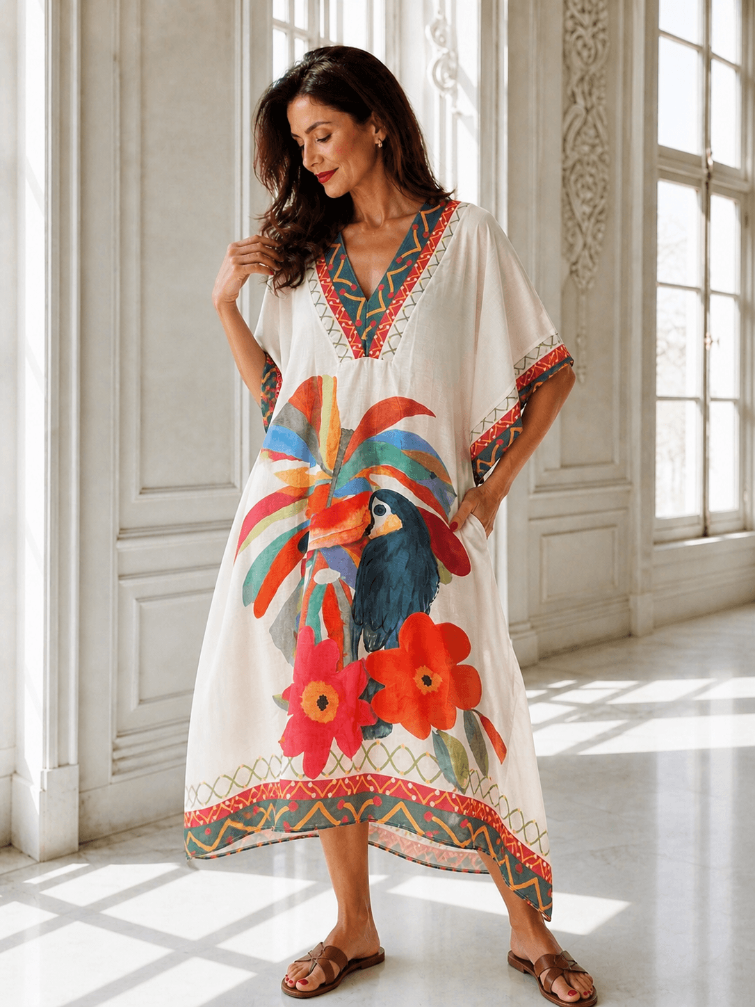 Frau trägt ein locker geschnittenes, helles Kaftan-Kleid mit buntem Papageien- und Blumenprint in einem lichtdurchfluteten Raum.