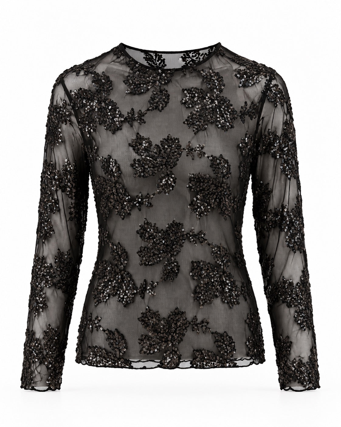 Schwarzes Pailletten-Mesh-Top, Freisteller auf Weiß