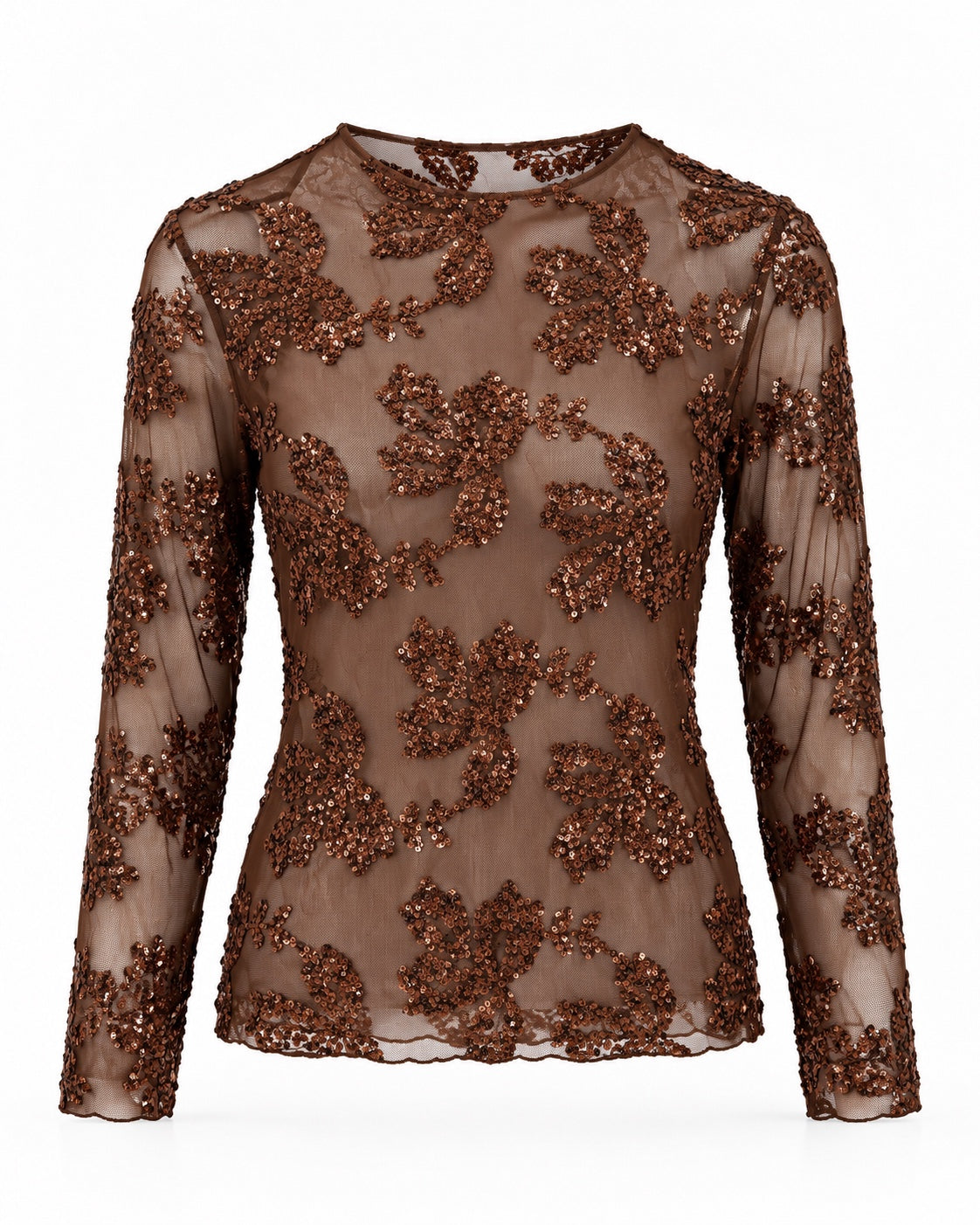 Freisteller des braunen Mesh Tops mit floralen Pailletten, Vorderansicht