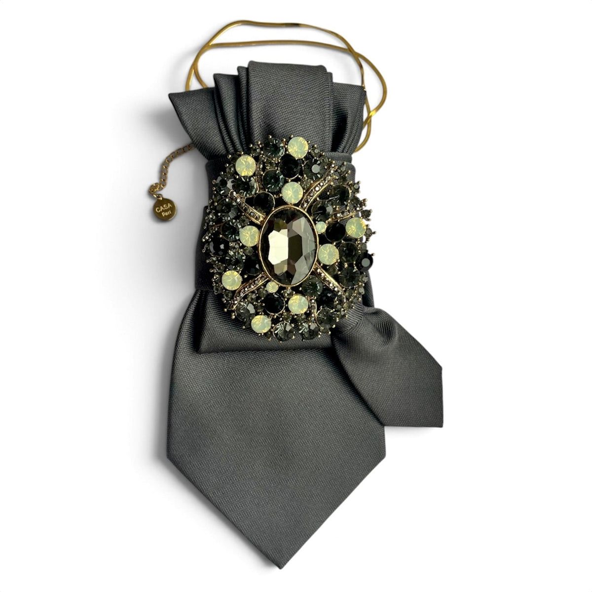 Graue Vintage-Seidenkrawatte Silk Affair Smoky Opal mit Kristallbrosche in dunklen und hellen Opaltönen