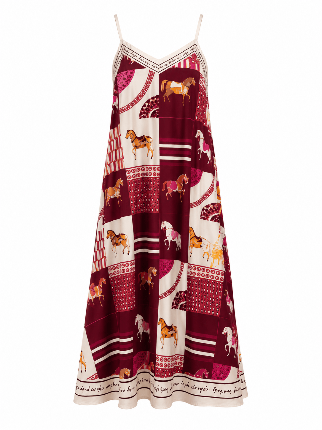 Bordeauxfarbenes Sommerkleid mit schmalen Trägern und grafischem Pferdeprint in Creme- und Rosétönen, weit geschnitten und fließend.