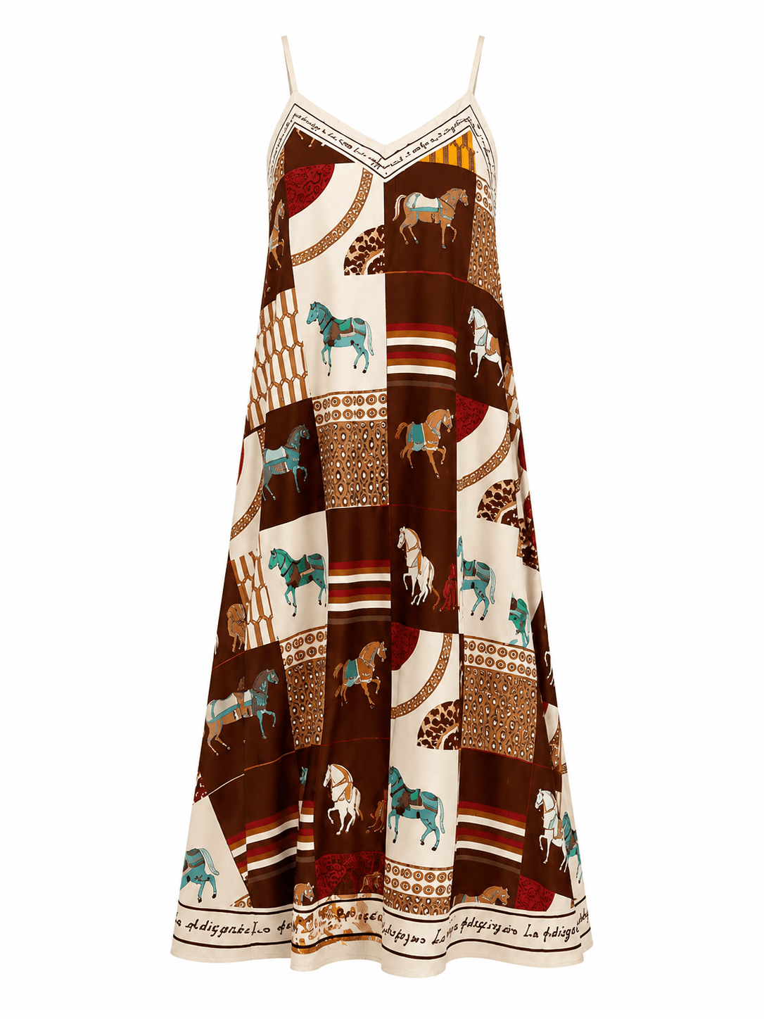 Braunes Sommerkleid mit schmalen Trägern und Pferdeprint in Türkis, Creme und Bordeaux, weit schwingender Schnitt in Midiläng