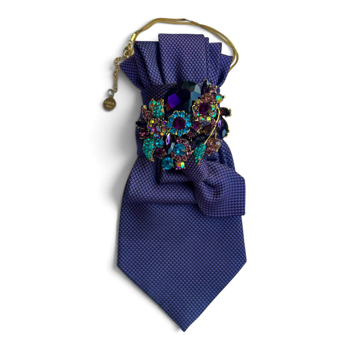 Violette Statement-Krawatte mit großer Crystal-Brosche in Türkis, Violett und schimmernden Farbtönen