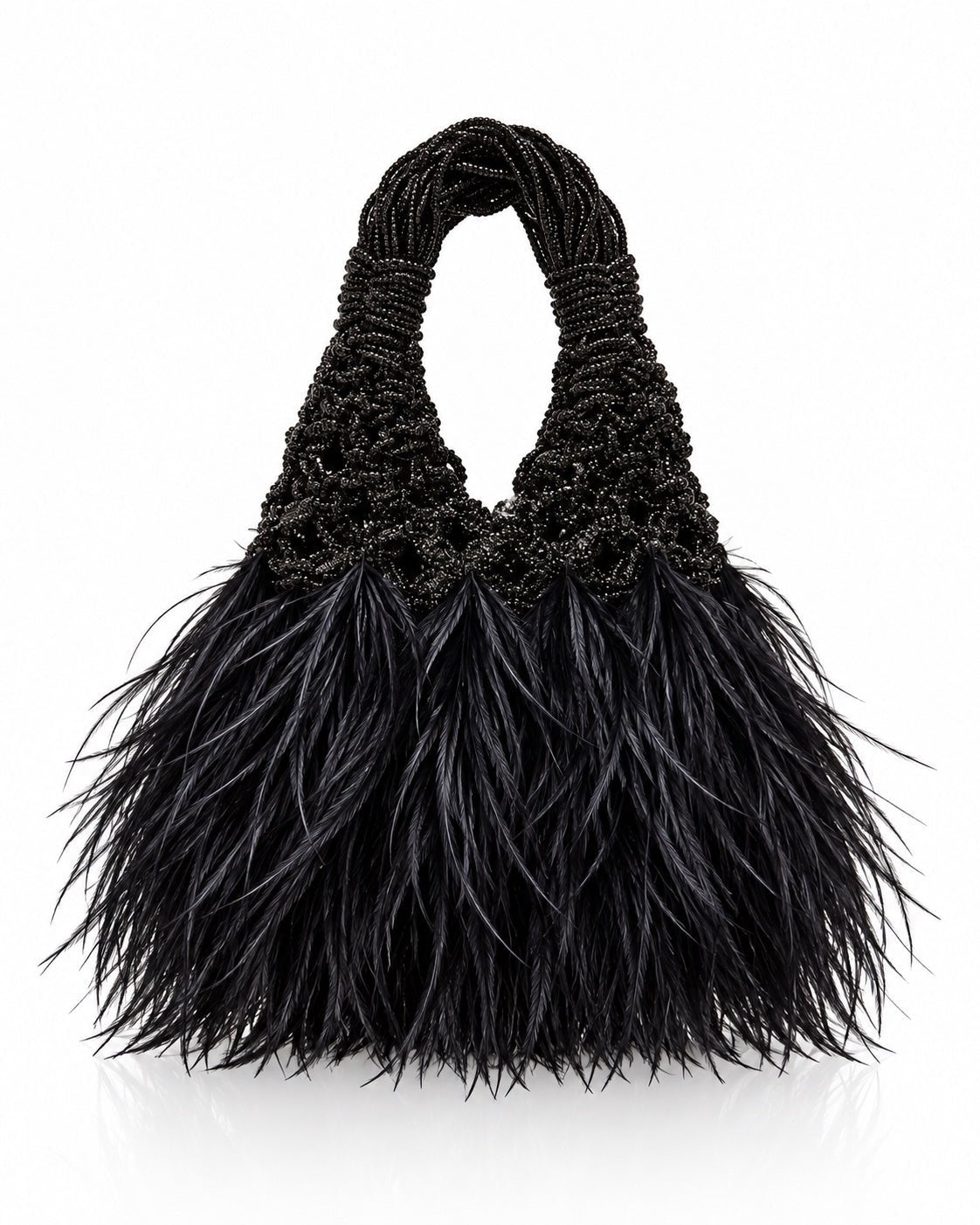 THE BLACK SWAN – schwarze Statement-Tasche mit Straußenfedern, Freisteller