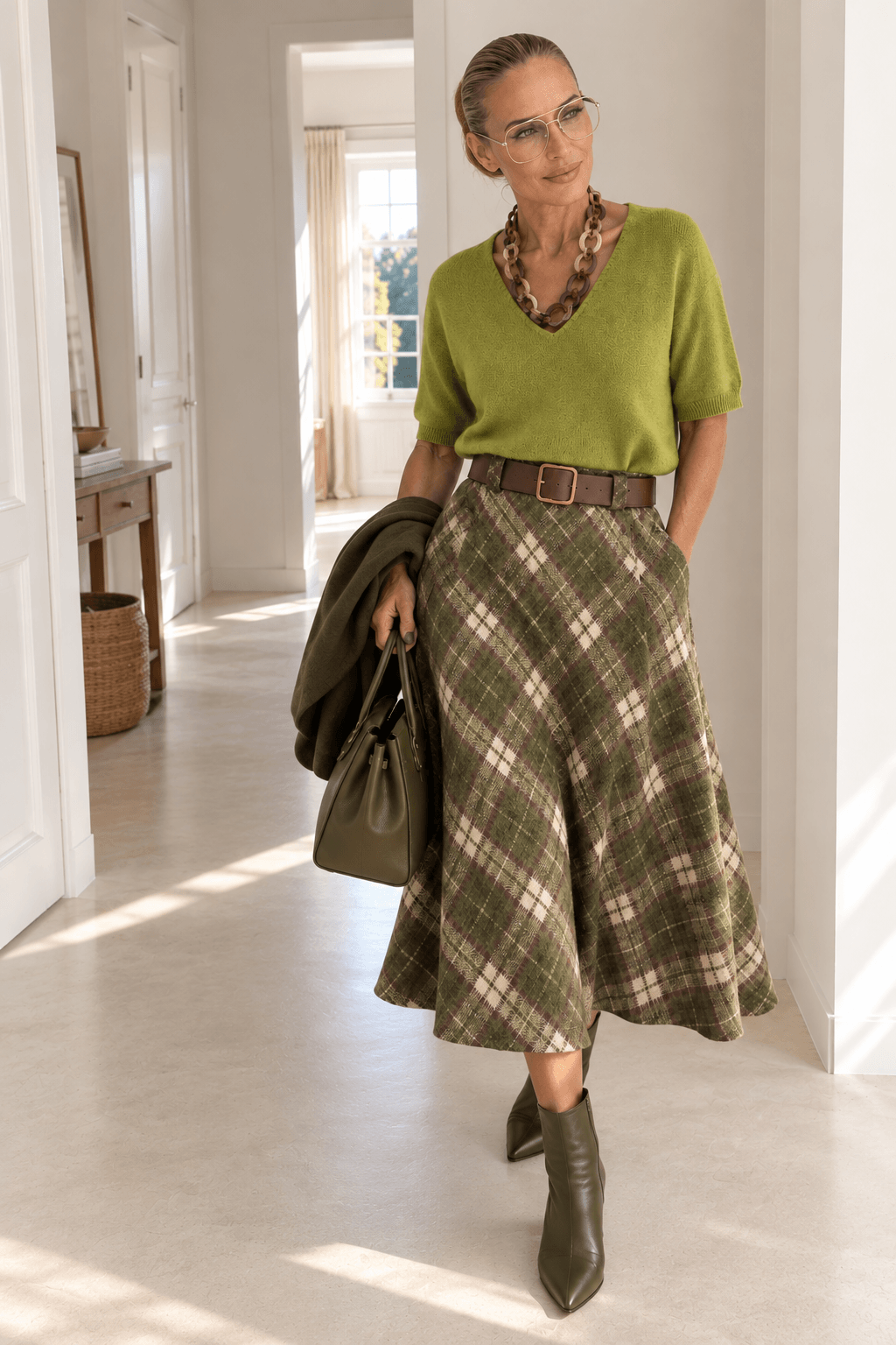 Frau trägt grünen V-Neck Pullover mit halblangen Ärmeln und karierten A-Linien-Rock mit braunem Gürtel.