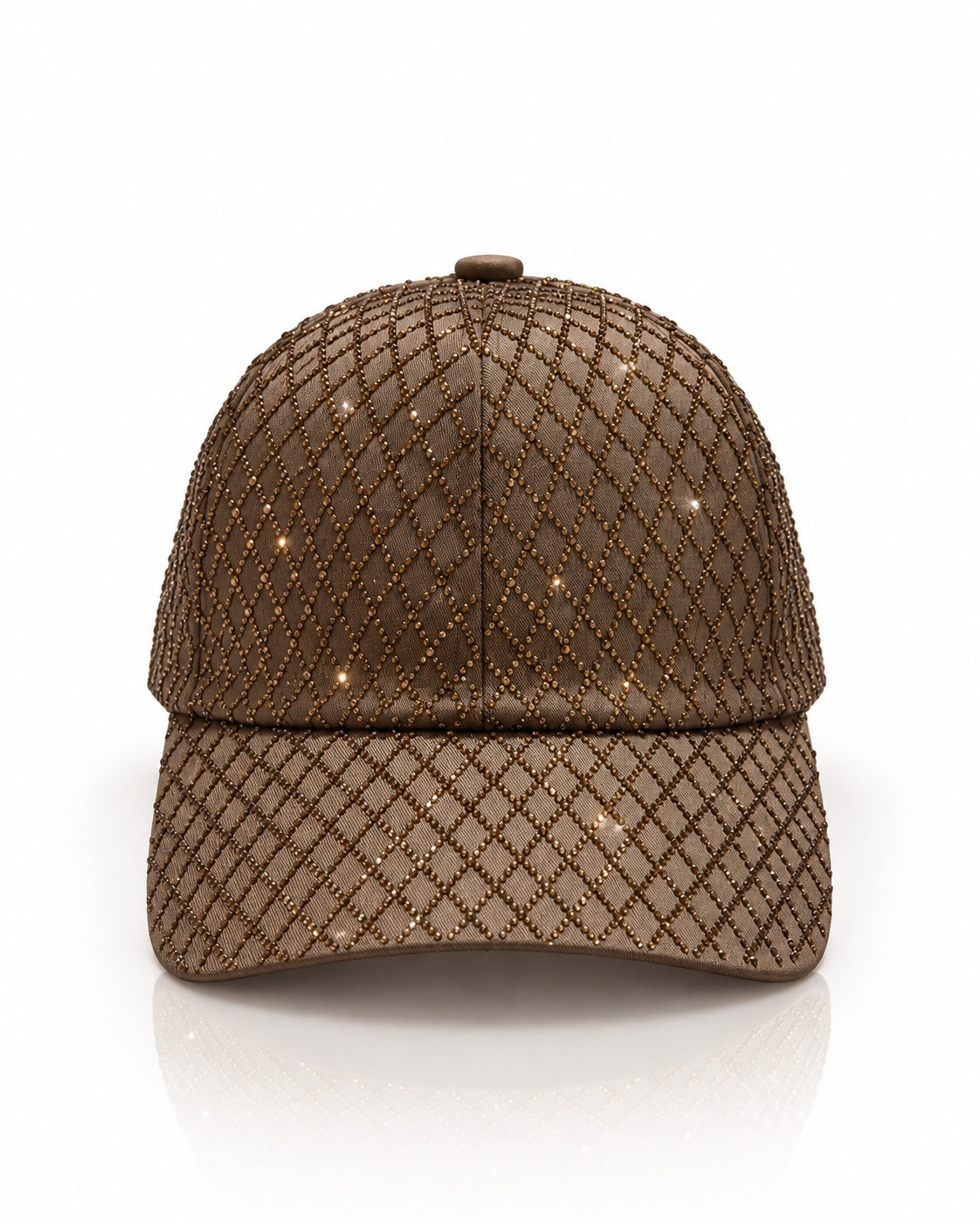 Beige-braune Glitzer-Basecap mit Rautenmuster aus funkelnden Strasssteinen, Vorderansicht
