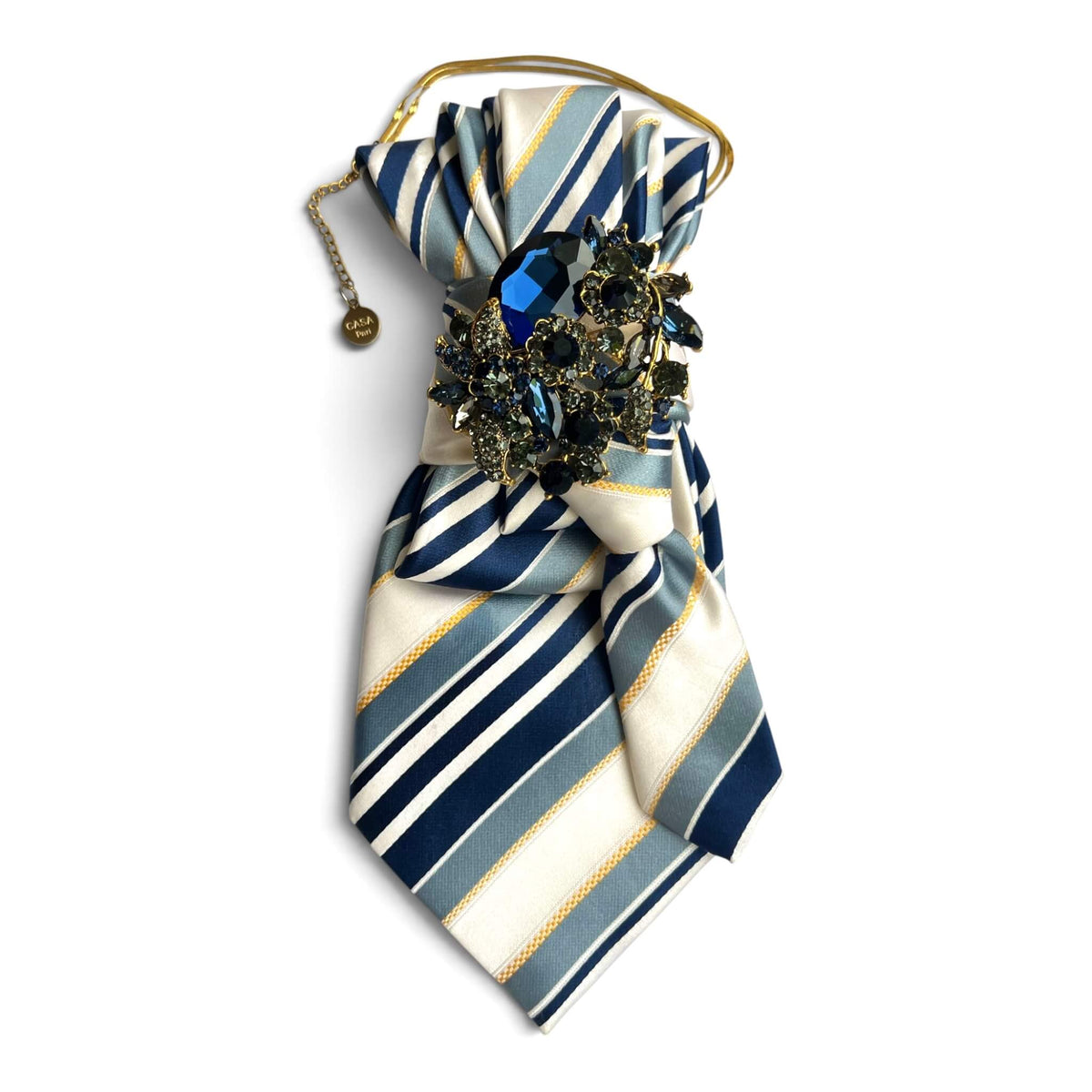 Vintage-Krawatte Sunday Sky in Hellblau, Navy und Creme mit feinen goldfarbenen Streifen und opulentem Schmuckdetail