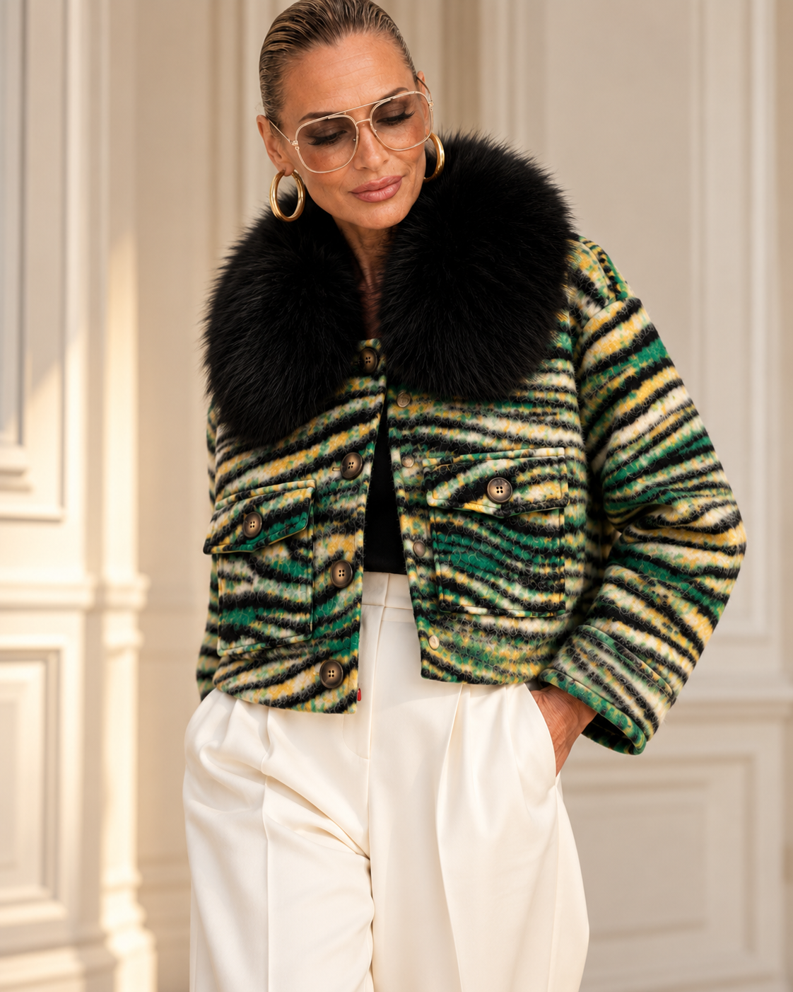 Model mit grüner Zebra-Jacke und schwarzem Kunstfellkragen, goldener Brille und weißer Marlenehose, KI-generiertes Stylingbild