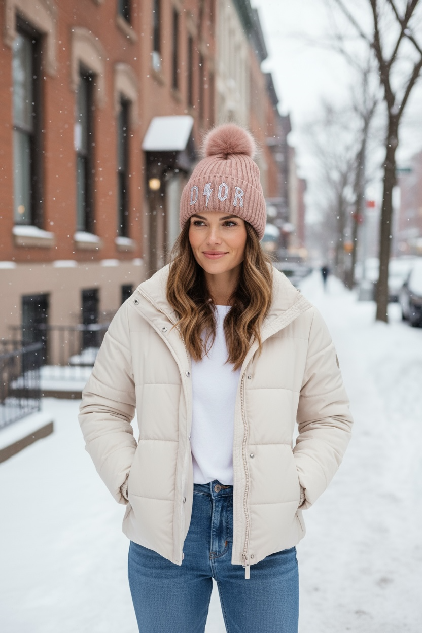Frau steht auf einer winterlichen Straße an einer Häuserfront. Sie eine helle Steppjacke, ein weißes Oberteil, eine rosafarbene Mütze mit Bommel und Schriftzug. Im Hintergrund Bäume und parkende Autos.