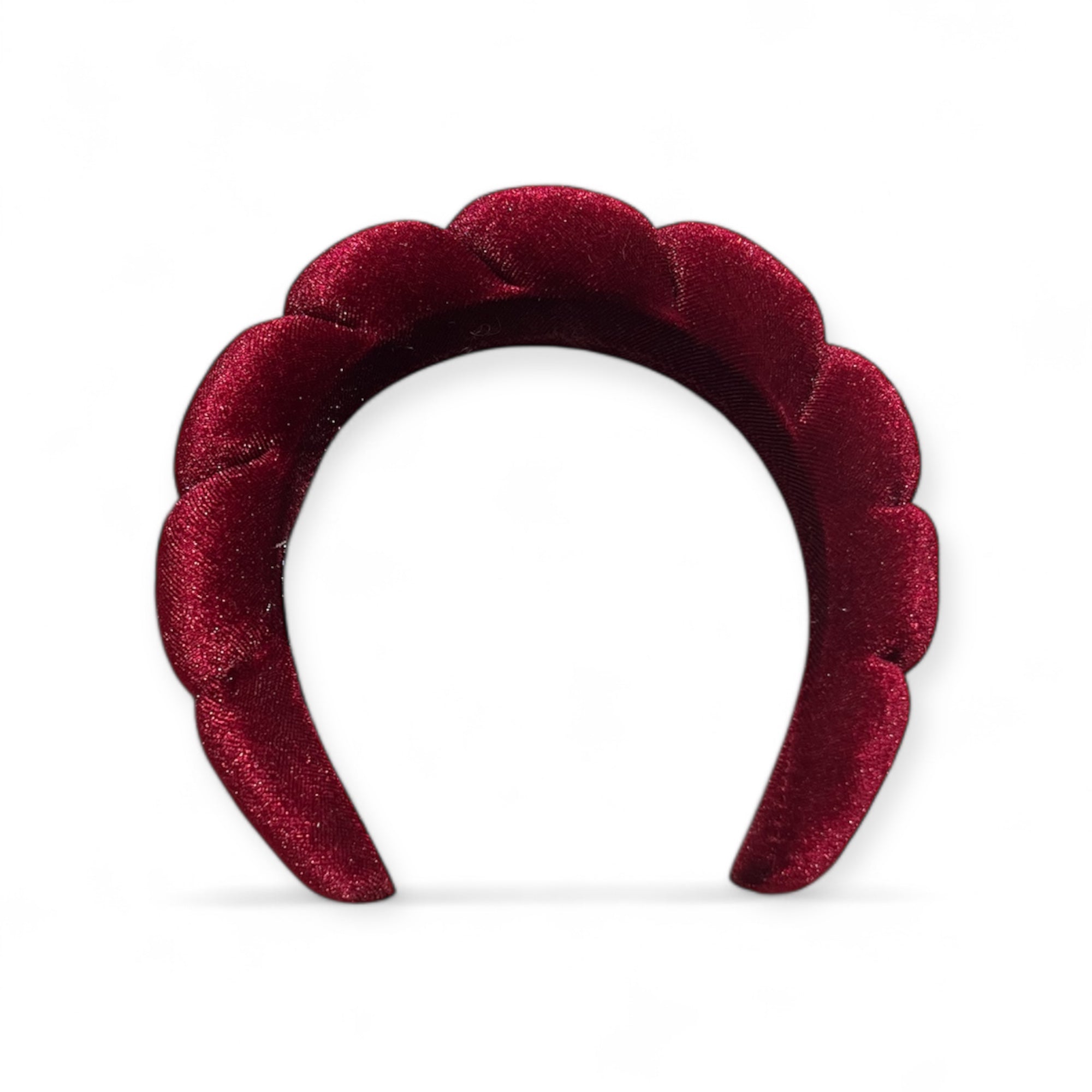 Haarreifen aus glänzendem Satin in Burgundy, voluminös gepolstert, elegantes Accessoire für feminine Styles.