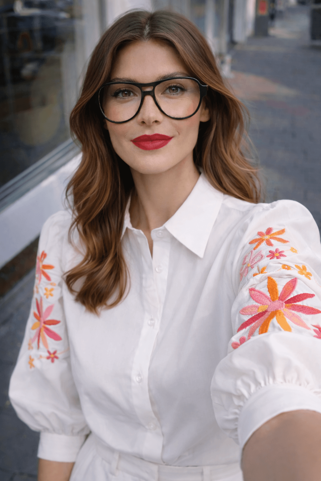 Frau mit braunen Haaren und schwarzer Brille macht ein Selfie auf einem Gehweg in einer Stadt.

Sie trägt eine weiße Bluse mit farbigen Blumenstickereien auf den puffigen Ärmeln.

Der Hintergrund zeigt eine Hausfassade mit Schaufenster und einen unscharfen Straßenverlauf.