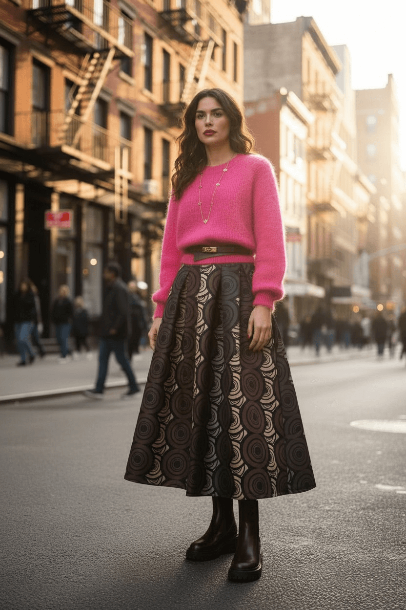 Frau steht auf einer Straße und trägt einen pinken Strickpullover, einen knielangen Rock mit kreisförmigem Muster und dunkle Stiefeletten.