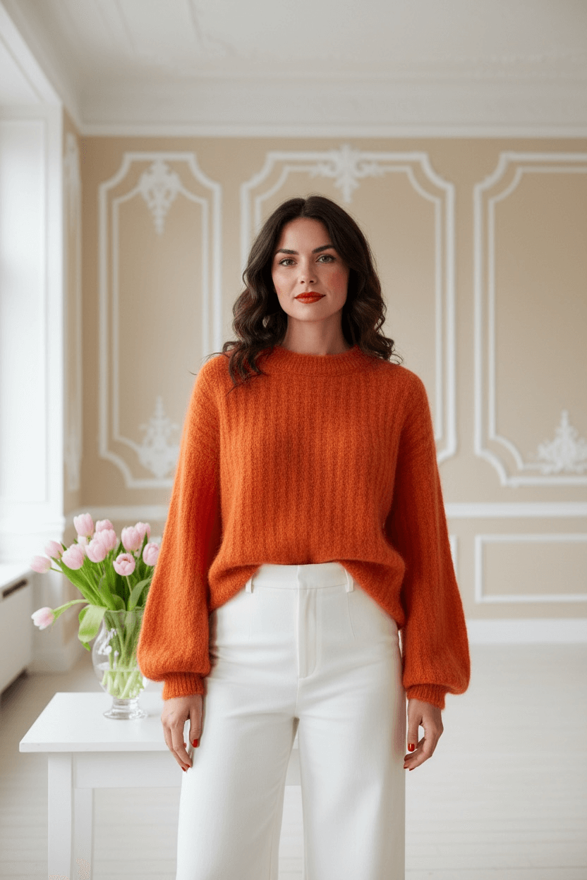 Frau trägt orangefarbenen Strickpulli und weiße Hose in hellem Raum mit Tulpen.