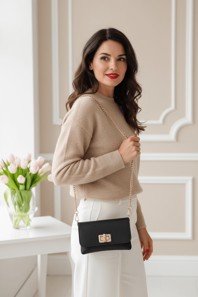 Schwarze Leder-Umhängetasche mit goldfarbenem Kettengurt und Drehverschluss, getragen über der Schulter.