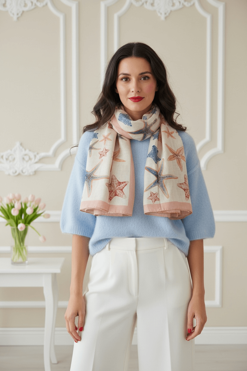 Frau trägt blauen Pulli mit einem Sommerschal mit Seestern. Sie trägt eine weiße Hose und steht in einem hellen Raum mit einem Tisch und da sind rosa Tulpen drin.