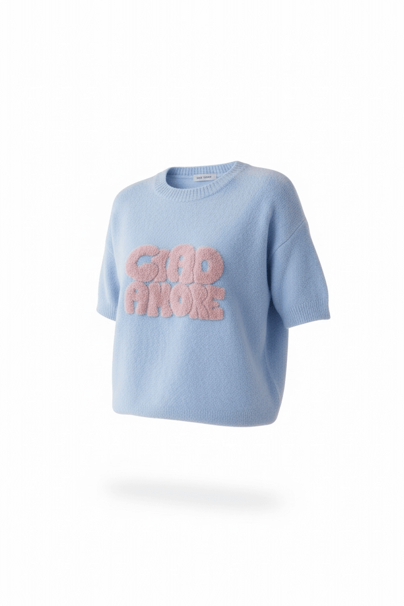 Blauer Pulli mit rosa Schriftzug drauf. Auf weißem Hintergrund fotografiert.