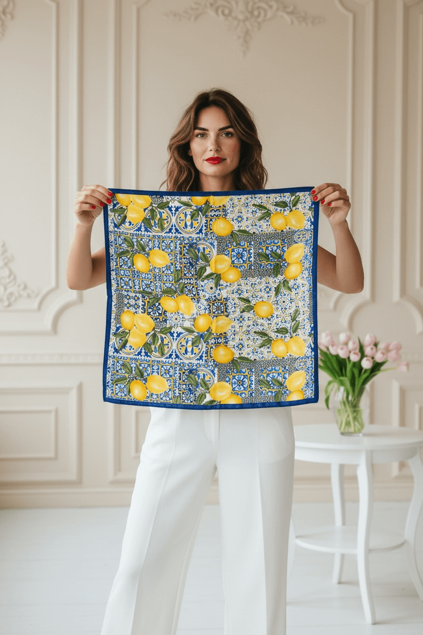 
Frau steht frontal in hellem Raum und hält ein quadratisches Tuch mit gelbem Zitronenmuster, blauem Kachelmotiv und dunkelblauem Rand vor dem Oberkörper
