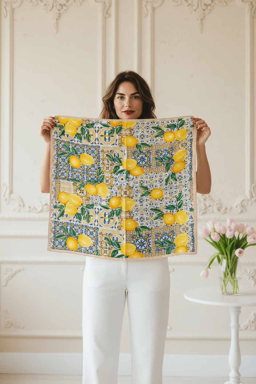 Frau hält ein quadratisches Tuch mit gelbem Zitronenmuster und blauem Kachelmotiv vor dem Oberkörper in einem hellen Innenraum.