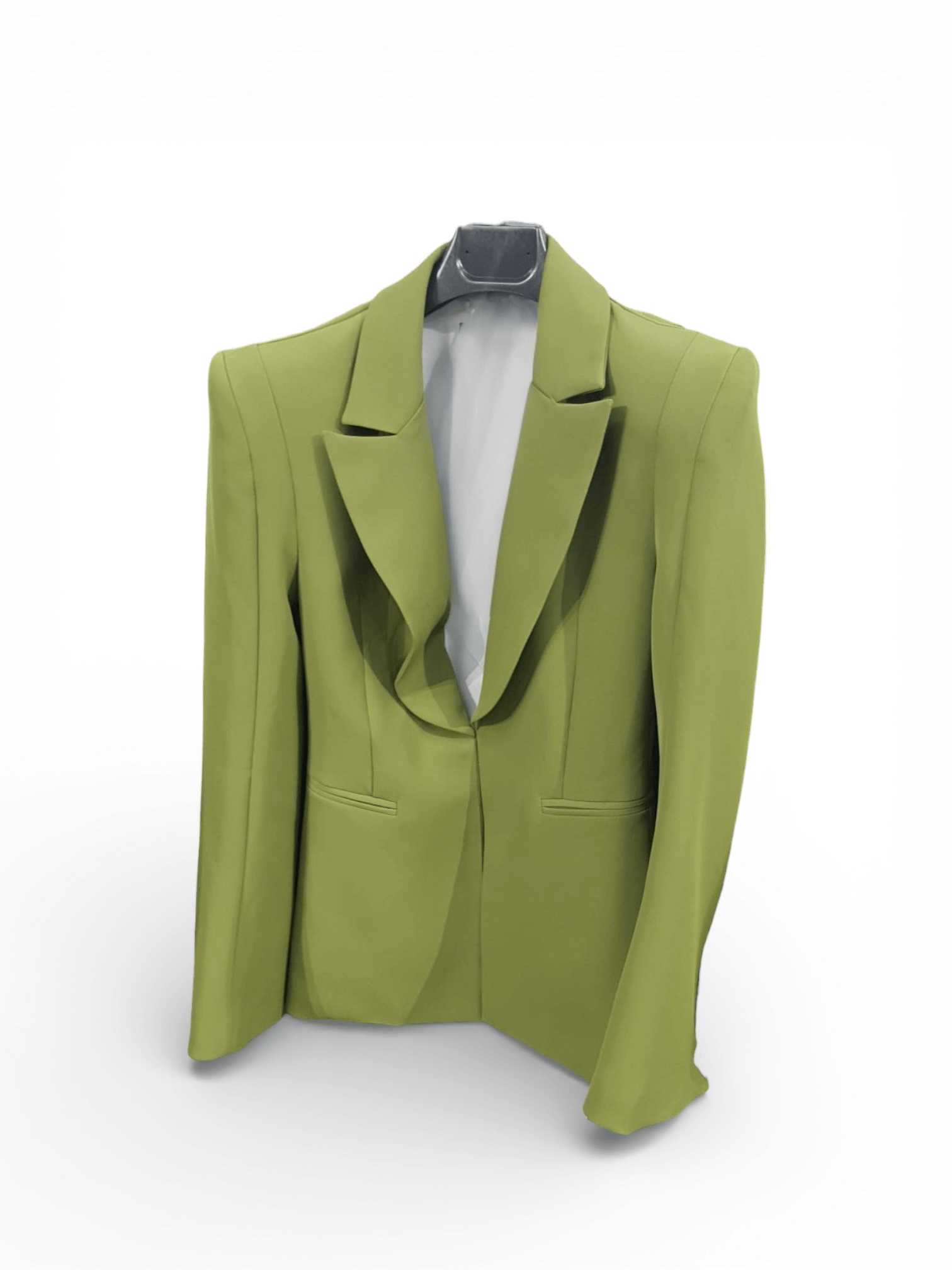 Grüner Damenblazer mit Reverskragen und langen Ärmeln, frontal auf weißem Hintergrund fotografiert, ohne sichtbare Person.