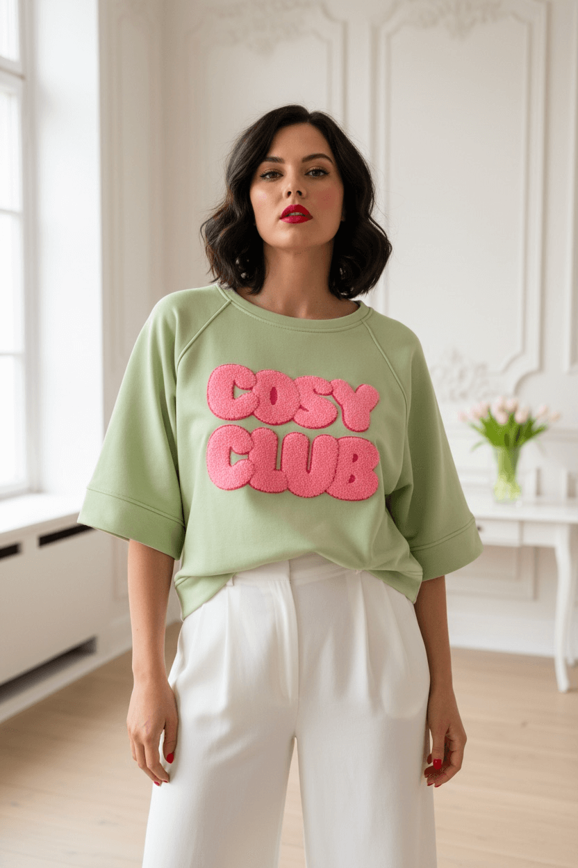 Frau mit dunkelbraunem, schulterlangem Haar trägt ein pastellgrünes Sweatshirt mit pinkem „Cosy Club“ Frottee-Schriftzug, kombiniert mit weißer, weiter Hose, in hellem Innenraum.