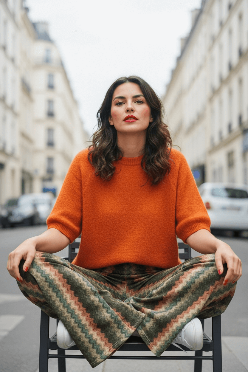 Frau mit orangefarbenem Kurzarm-Pullover und weiter Marlene-Hose mit grün-orangefarbenem Wellenmuster sitzt auf einem Stuhl auf einer ruhigen Straße mit hellen Altbauten im Hintergrund.