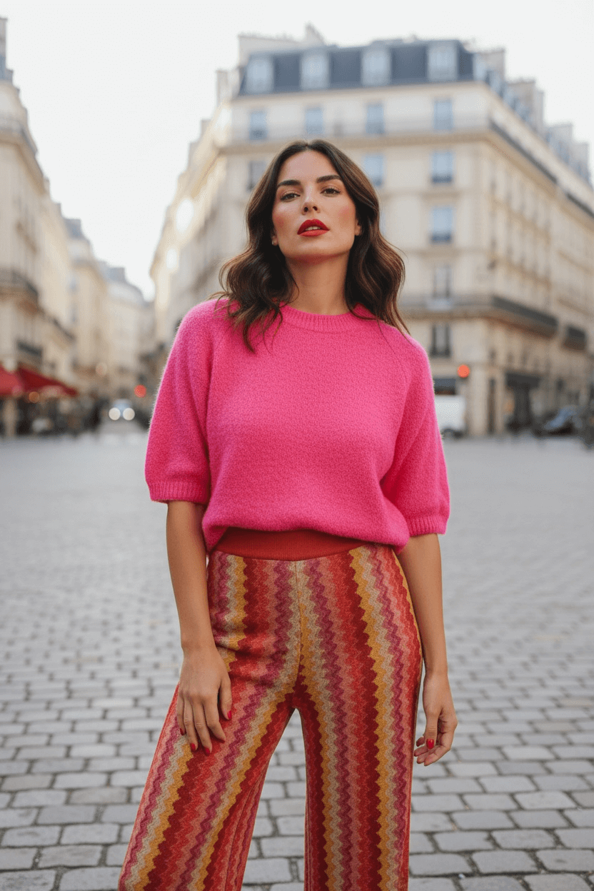 Frau steht auf einem gepflasterten Platz mit hellen Altbauten im Hintergrund und trägt einen pinkfarbenen Kurzarm-Pullover sowie eine schmal geschnittene Hose mit rot-gelb gemustertem Wellenmuster.