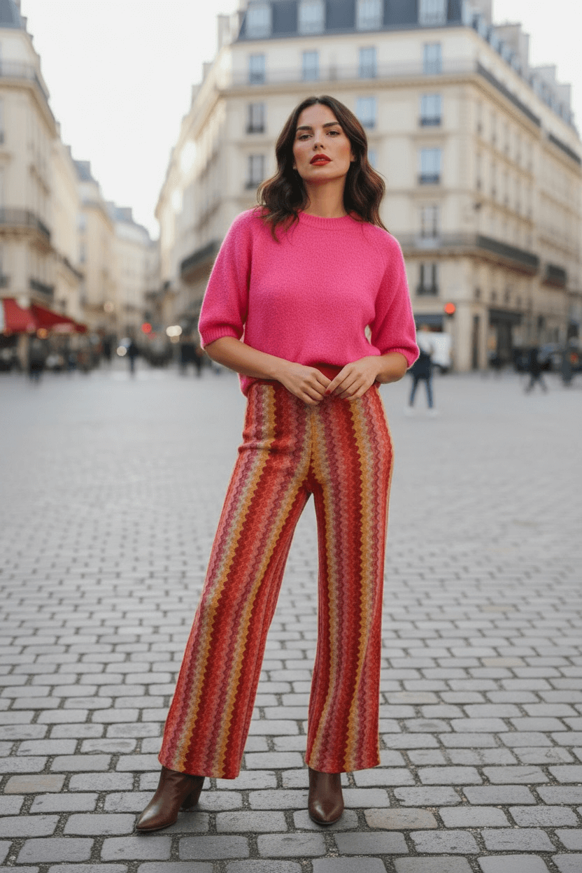 Frau steht auf einem gepflasterten Platz mit hellen Altbauten im Hintergrund und trägt einen pinkfarbenen Kurzarm-Pullover sowie eine weit geschnittene Marlene-Hose mit rot-gelb gemustertem Wellenmuster und braunen Stiefeletten.